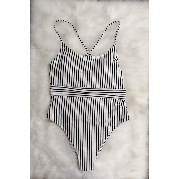 Shore and Shade NWOT Stripped Body Con Mom One Piece Bathing Suit L - Picture 2 of 7